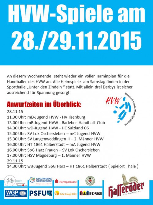 Spielansetzungen der Wernigeröder Handballer am 28./29.11.15